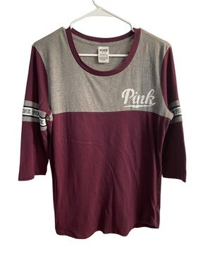 Victoria’s Secret PINK Burgundy Gray Campus Tee Medium Graphic Logo Shirt